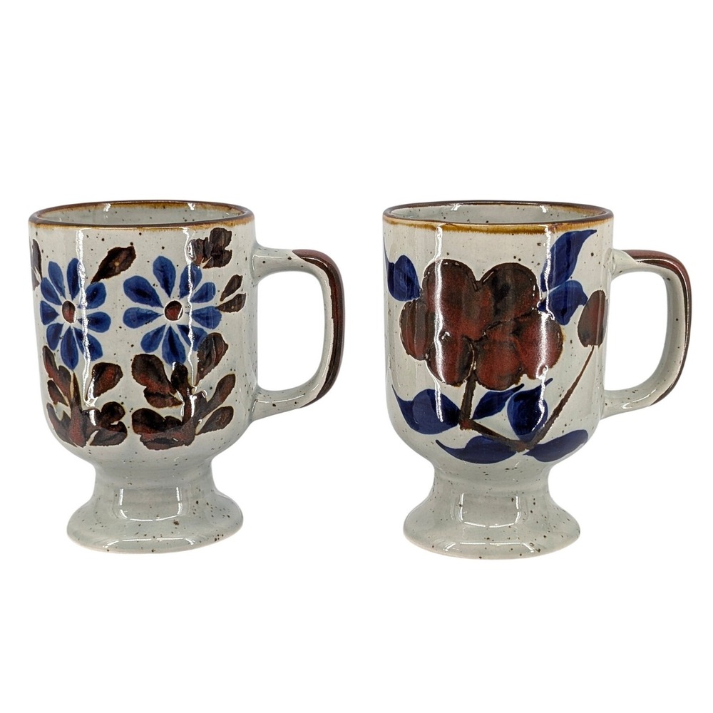 2 Sanyei Vintage Floral Stoneware Pedestal Mugs Gray Blue Brown Hand Painted